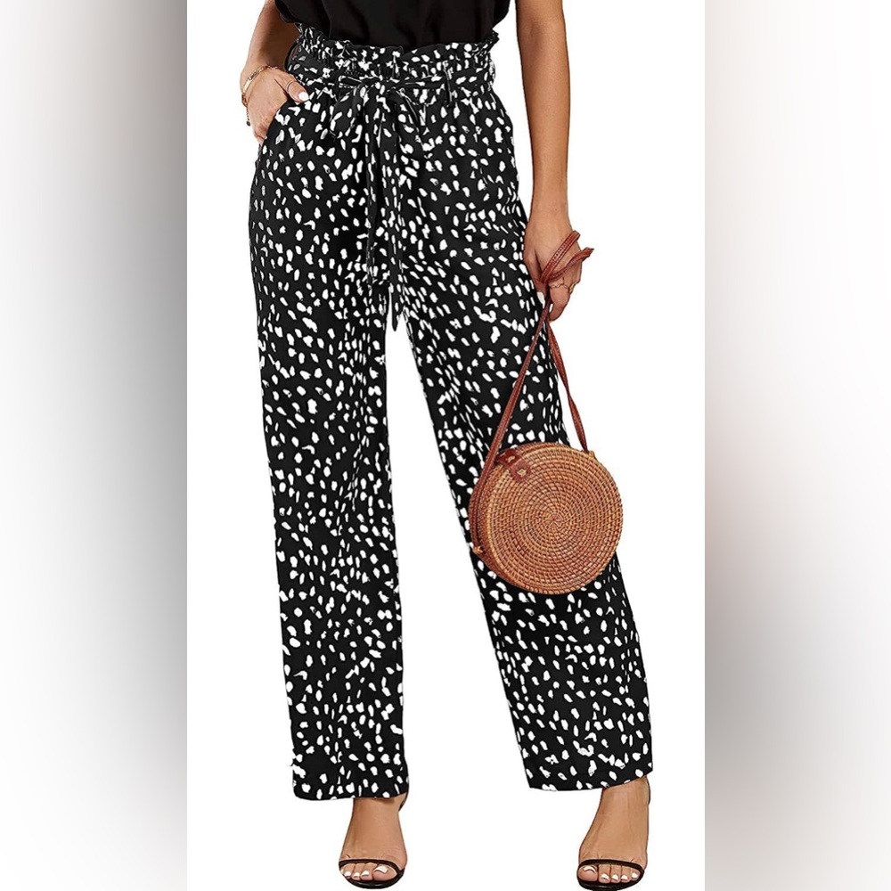 High Waisted Leopard Print Palazzo Pants Belted Wide Leg Long Trousers w/Pockets